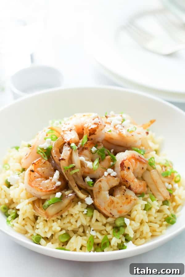 Exquisite Rice with Balsamic Onions and Shrimp Rice with Balsamic Onions and Shrimp served in a white bowl