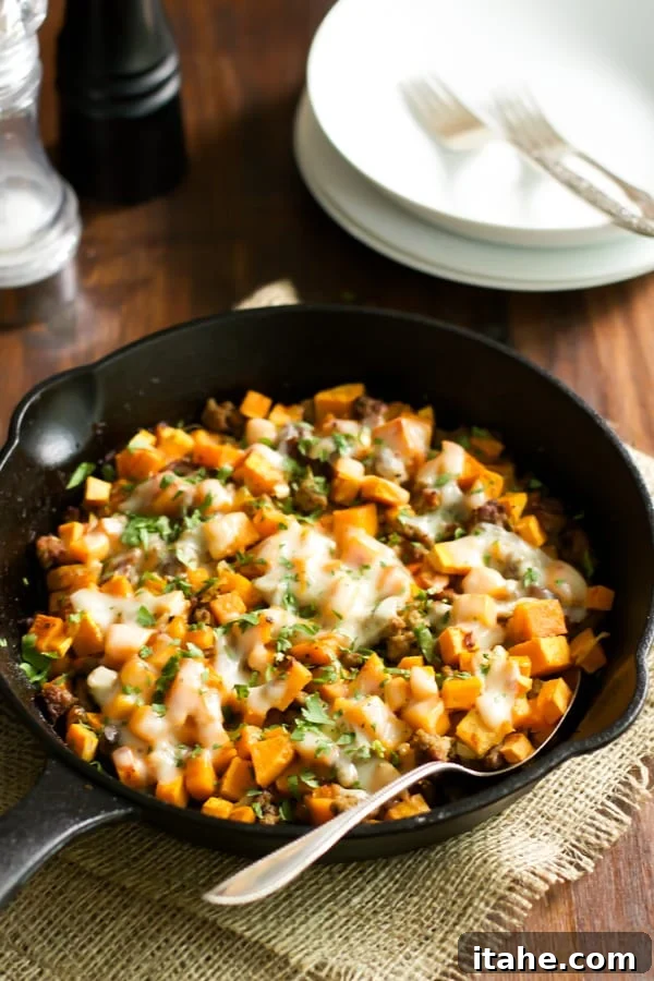 Original photo of Ground Turkey Sweet Potato Skillet from 2014, showing a rustic skillet presentation