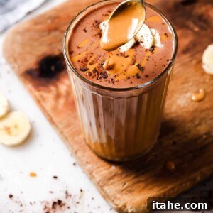 A beautifully blended Chocolate Peanut Butter Smoothie in a glass.