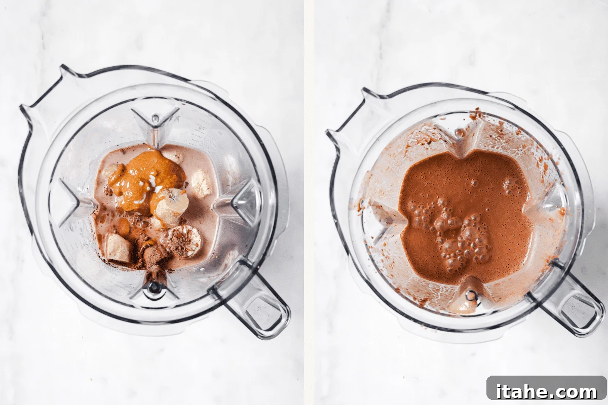 Left: ingredients in a blender ready to be blended. Right: the finished, perfectly blended peanut butter chocolate smoothie.