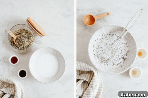 Mixing chia seeds with coconut milk, maple syrup, vanilla, and salt.