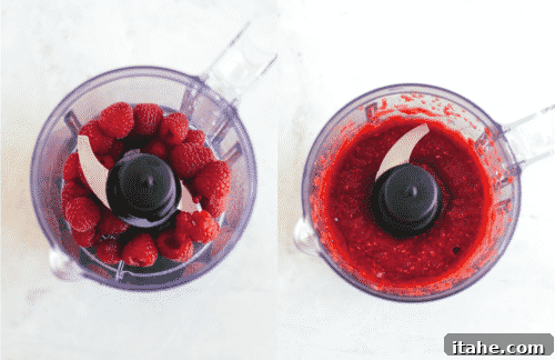 Set of two photos showing raspberries in a food processor being pureed.