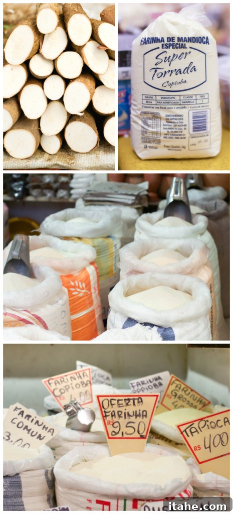 Brazilian Feiras: A Taste of Local Life 11 A photo collage featuring raw cassava roots and various bags of processed cassava flour displayed at a Brazilian farmers' market.