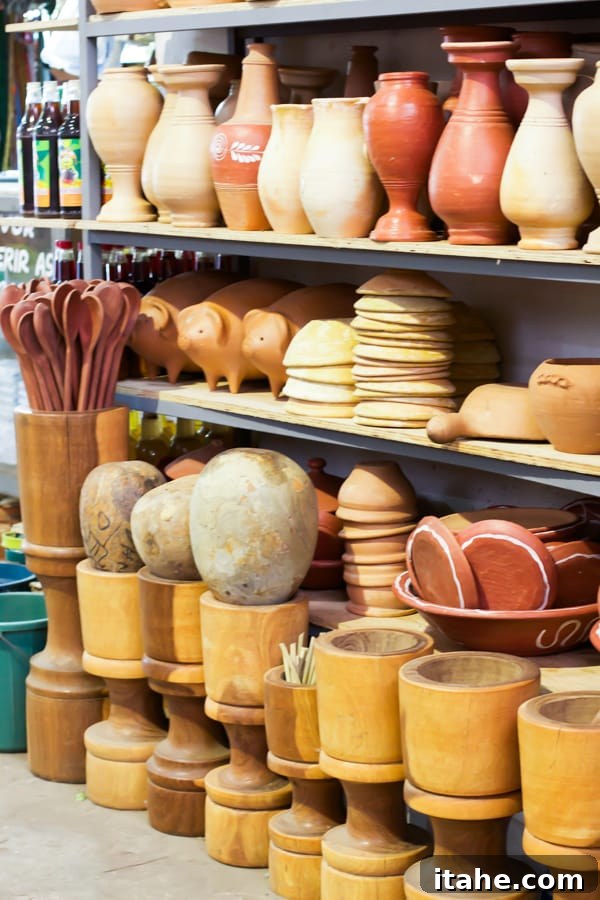 Brazilian Feiras: A Taste of Local Life 13 Racks displaying traditional terracotta pottery and various wooden utensils, highlighting artisanal crafts at a Brazilian market.