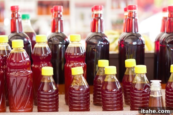 Brazilian Feiras: A Taste of Local Life 16 Bottles of varying sizes containing amber-colored palm oil (Óleo de Dedê) with distinctive red and yellow bottle tops, showcased at a market.