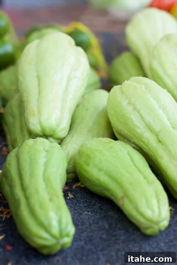 Brazilian Feiras: A Taste of Local Life 4 A market stall display featuring a neatly stacked pile of fresh, green chuchu vegetables, also known as chayote.