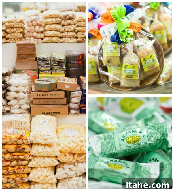 Brazilian Feiras: A Taste of Local Life 10 A photo collage showcasing a variety of packaged snacks, nuts, and traditional cookies available at a Brazilian farmers' market.