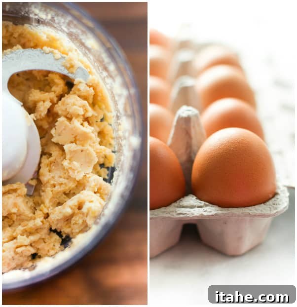 Lentil Deviled Eggs Ingredients Two side-by-side photos: one showing ingredients like lentils and oil in a food processor, and the other displaying fresh eggs in a carton.