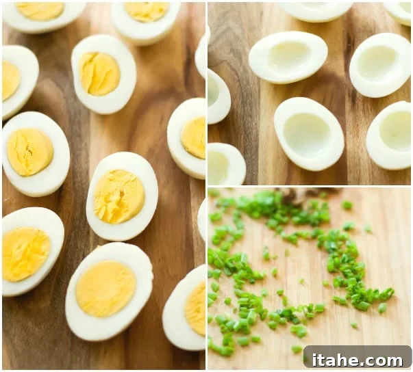 Preparing Deviled Eggs A sequence of three photos showing the preparation: halved hard-boiled eggs, yolks carefully removed from the egg white halves, and finely chopped fresh chives ready for garnish.