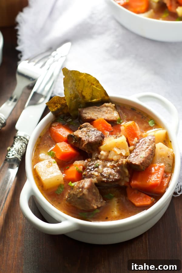 A close-up shot of a steaming bowl of slow cooker beef stew, highlighting the rich broth and diverse vegetables.