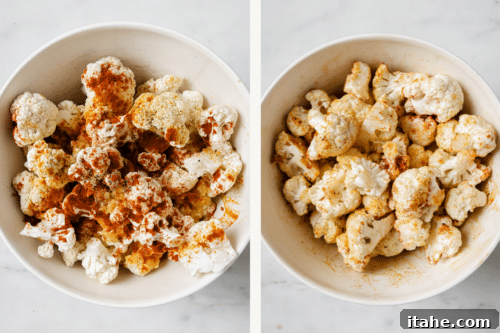 set of photos showing seasoned raw cauliflower florets in a white bowl, ready for roasting.