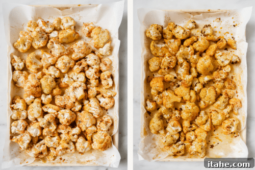 set of photos showing seasoned and raw cauliflower florets on a baking sheet, and another photo showing partially baked cauliflower.