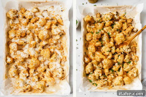 set of photos showing roasted cauliflower florets on a baking sheet, with Parmesan cheese sprinkled over them.