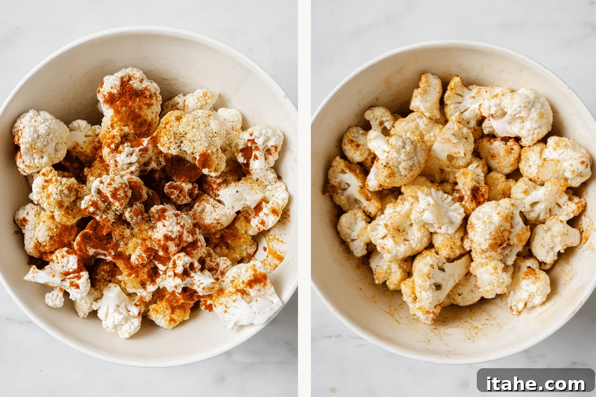 Golden Garlic Parmesan Roasted Cauliflower 4 Left: Cauliflower florets in a bowl with olive oil and spices added. Right: The same cauliflower florets after being thoroughly mixed, showing even coating of seasonings.