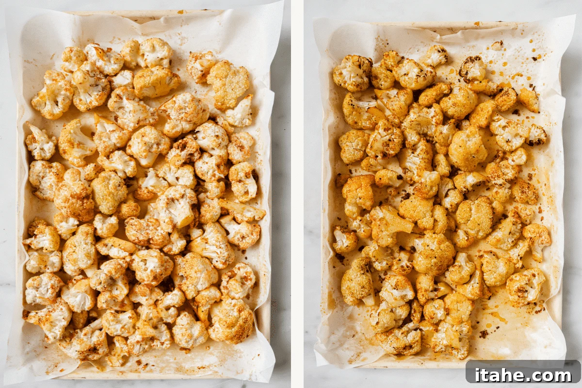 Golden Garlic Parmesan Roasted Cauliflower 5 Left: Seasoned cauliflower florets arranged in a single layer on a baking sheet before roasting. Right: Partially roasted cauliflower on a baking sheet, showing some browning and tenderization after the first bake.