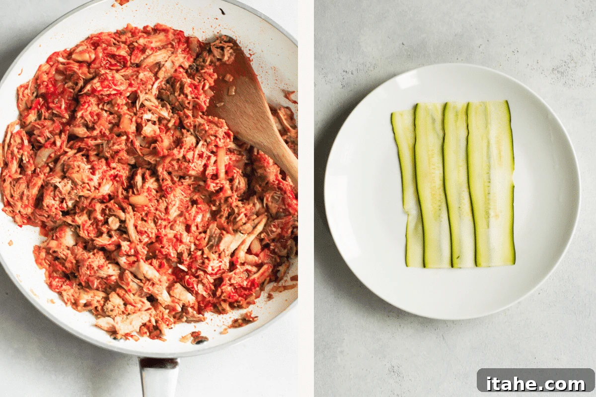 Left: a large skillet brimming with a savory chicken enchilada filling mixture. Right: neatly arranged, translucent thin zucchini slices on a plate, ready for wrapping.