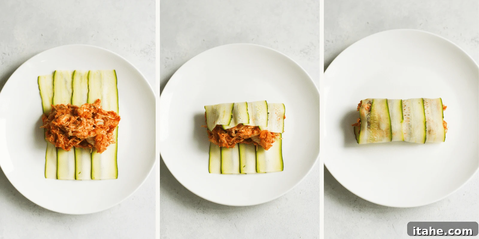 A detailed close-up shot capturing the precise moment of rolling savory enchilada filling into delicately thin zucchini slices.