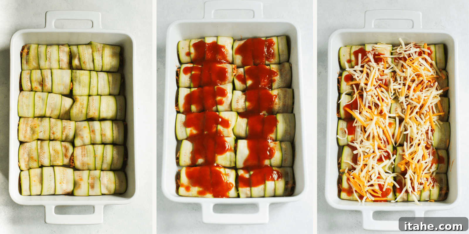 A visual three-step progression showcasing keto zucchini chicken enchiladas in a baking dish. The first image displays plain zucchini rolls, followed by rolls generously covered with red enchilada sauce, and finally, the rolls sumptuously topped with shredded cheese, ready for baking.