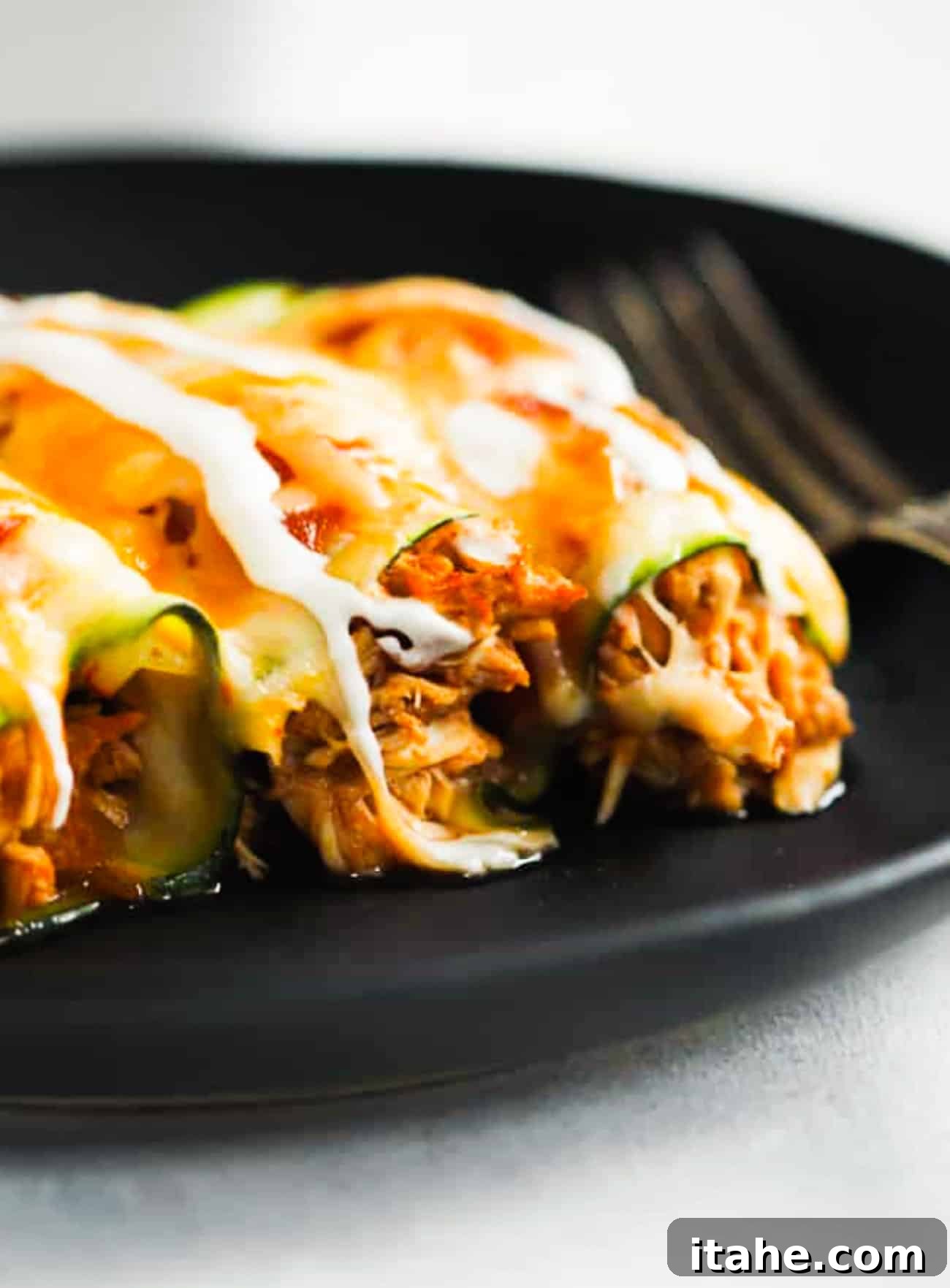 A close-up photograph of perfectly cooked and garnished keto zucchini chicken enchiladas, beautifully plated for serving.