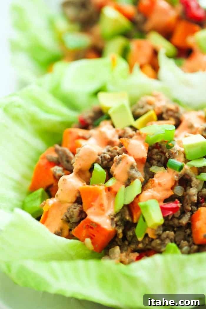 Ground Turkey Sweet Potato Lettuce Wraps with Sriracha Mayo. A fresh, flavorful, gluten-free, and low-carb summer meal that's quick to make.