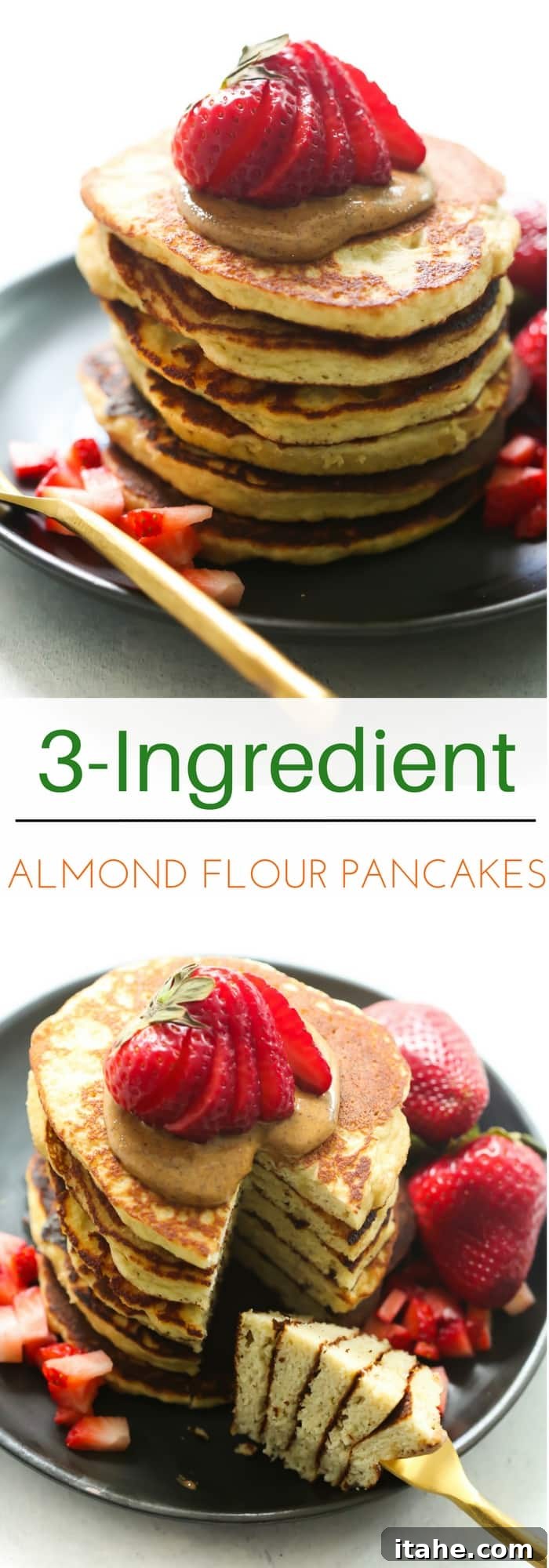 Stacked 3-Ingredient Almond Flour Pancakes ready to serve with a drizzle of syrup
