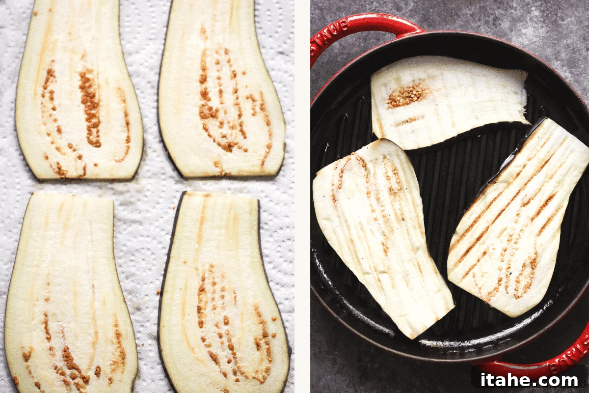 Irresistible Eggplant Lasagna 2 Left: Salted eggplant slices draining on a paper towel. Right: Eggplant slices grilling in a pan.