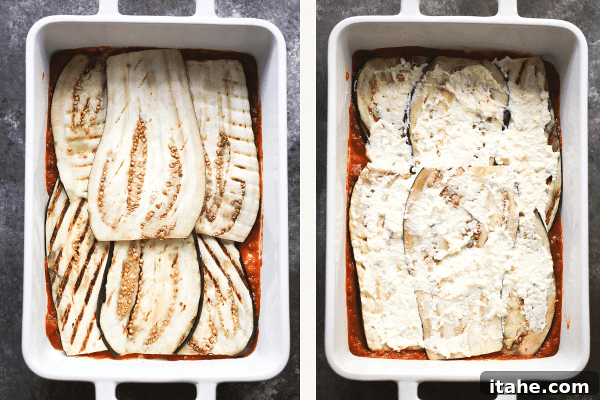 Irresistible Eggplant Lasagna 3 Left: Assembling eggplant lasagna with eggplant slices over sauce. Right: A layer of eggplant covered with creamy cheese mixture.