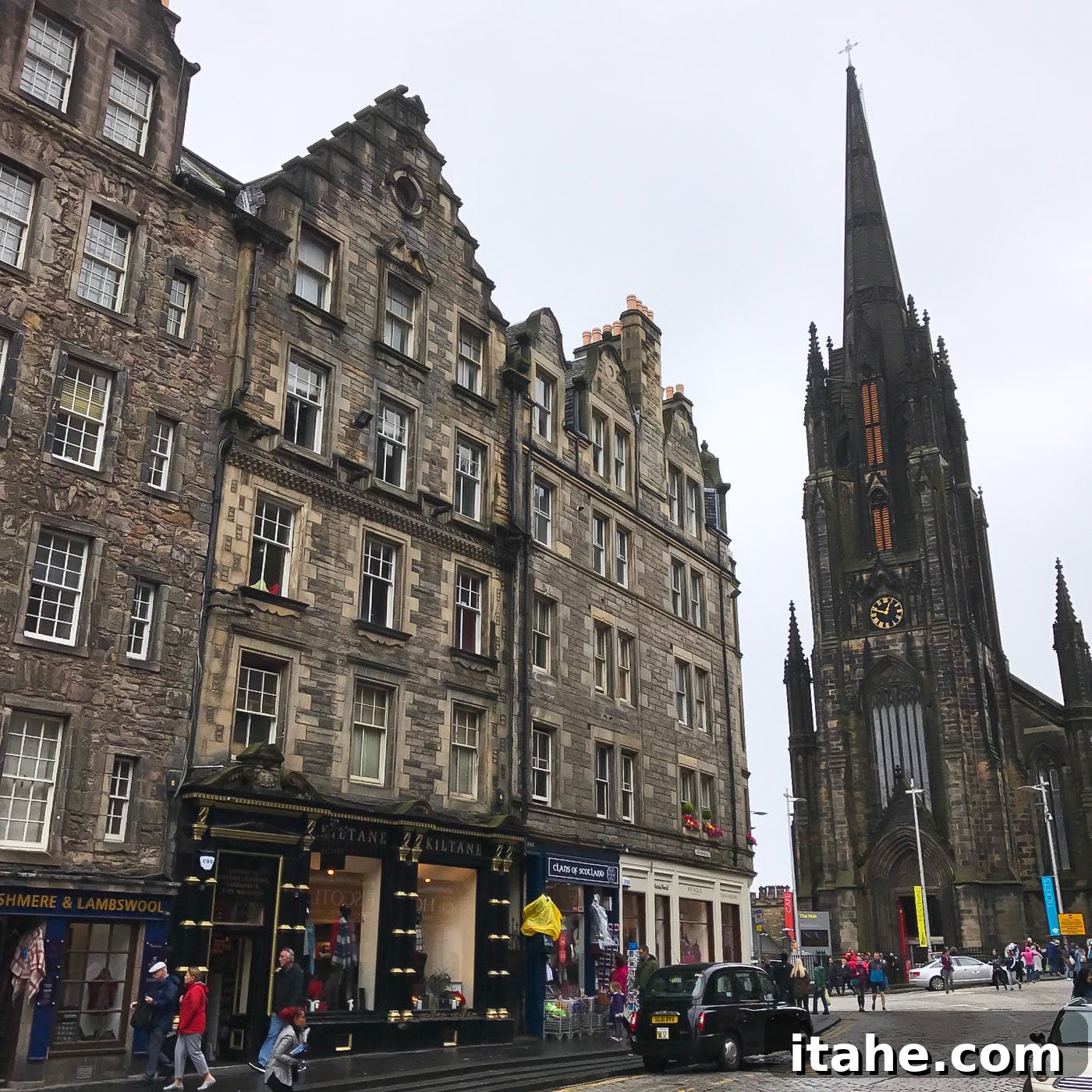 A picturesque Edinburgh street showcasing historic architecture and vibrant facades