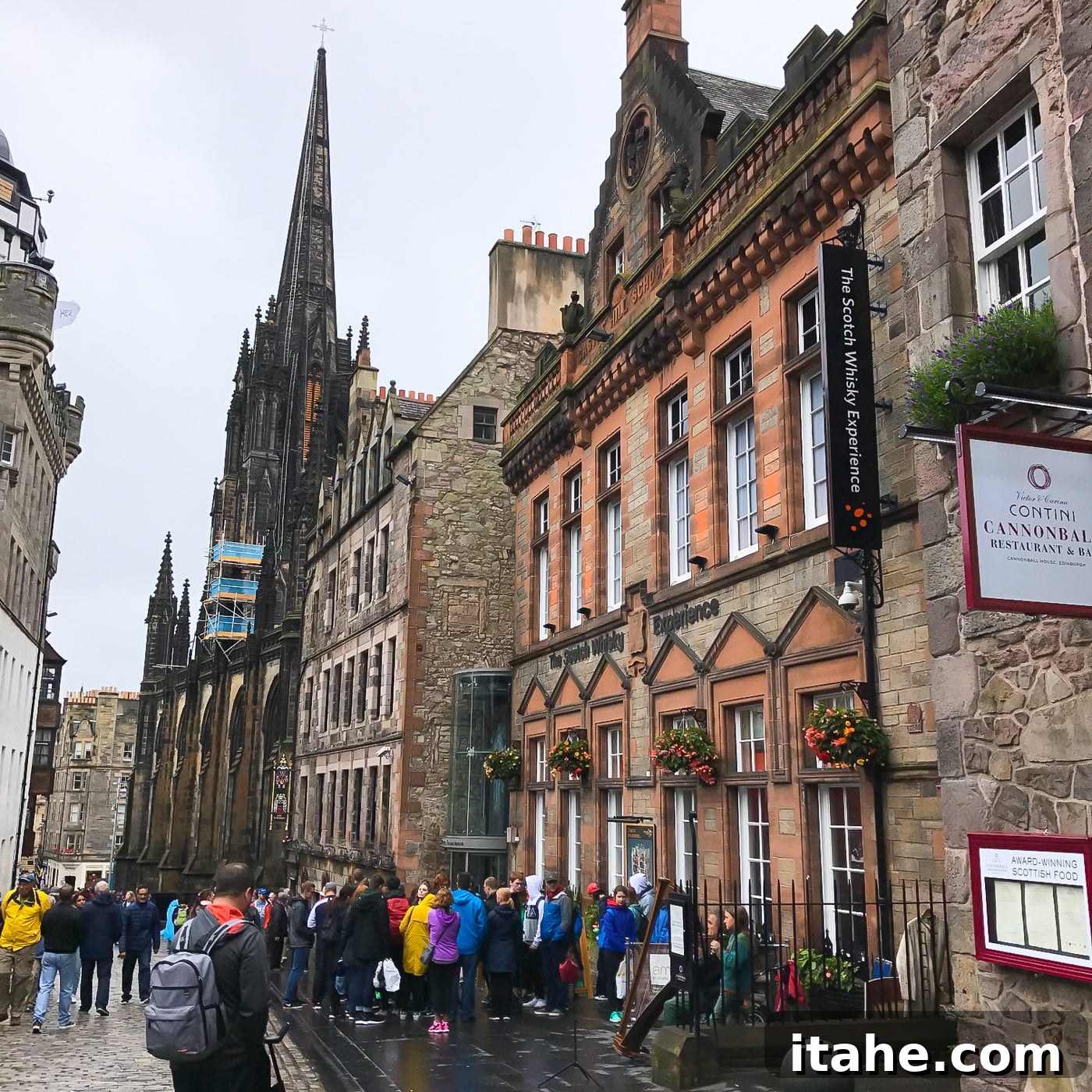 A beautiful Edinburgh street scene with classic stone buildings and quaint shops