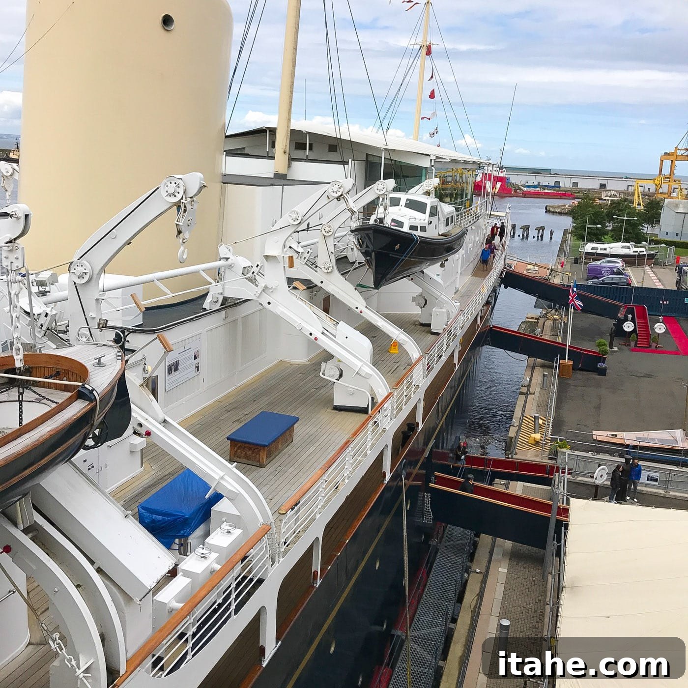 The majestic exterior of The Royal Yacht Britannia docked in Leith