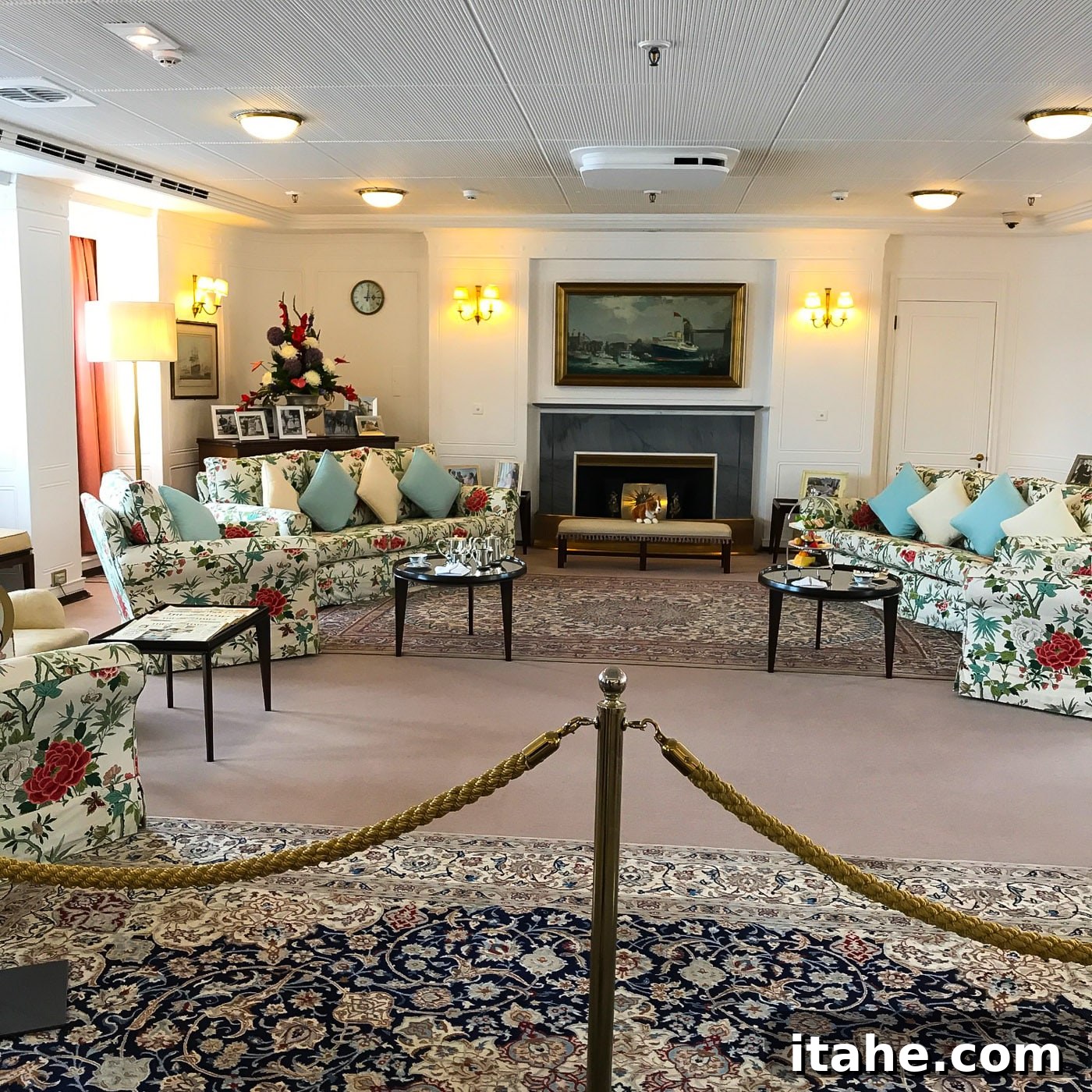 The cozy and elegantly furnished living room of The Royal Yacht Britannia