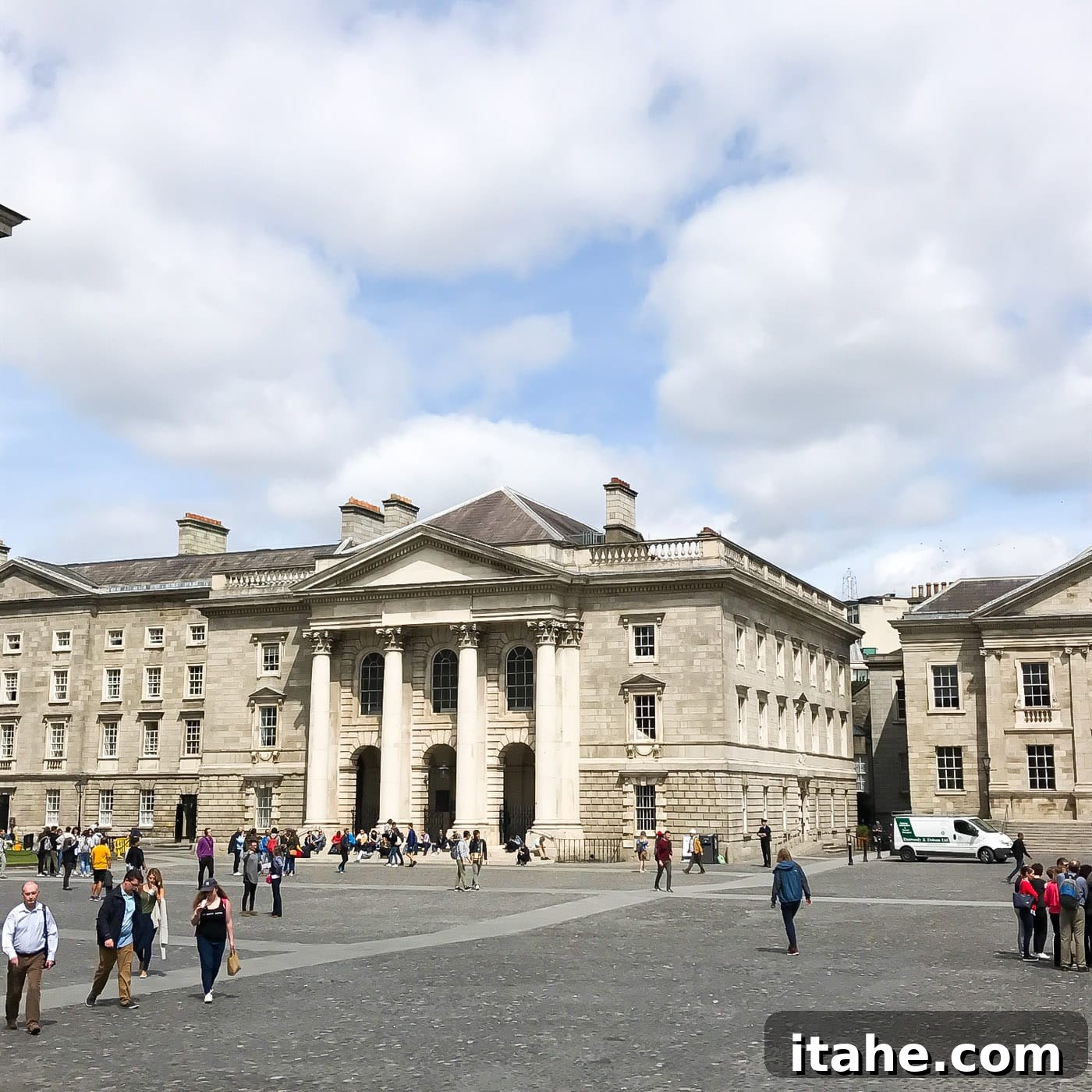 A different angle of the majestic facade of Trinity College Dublin