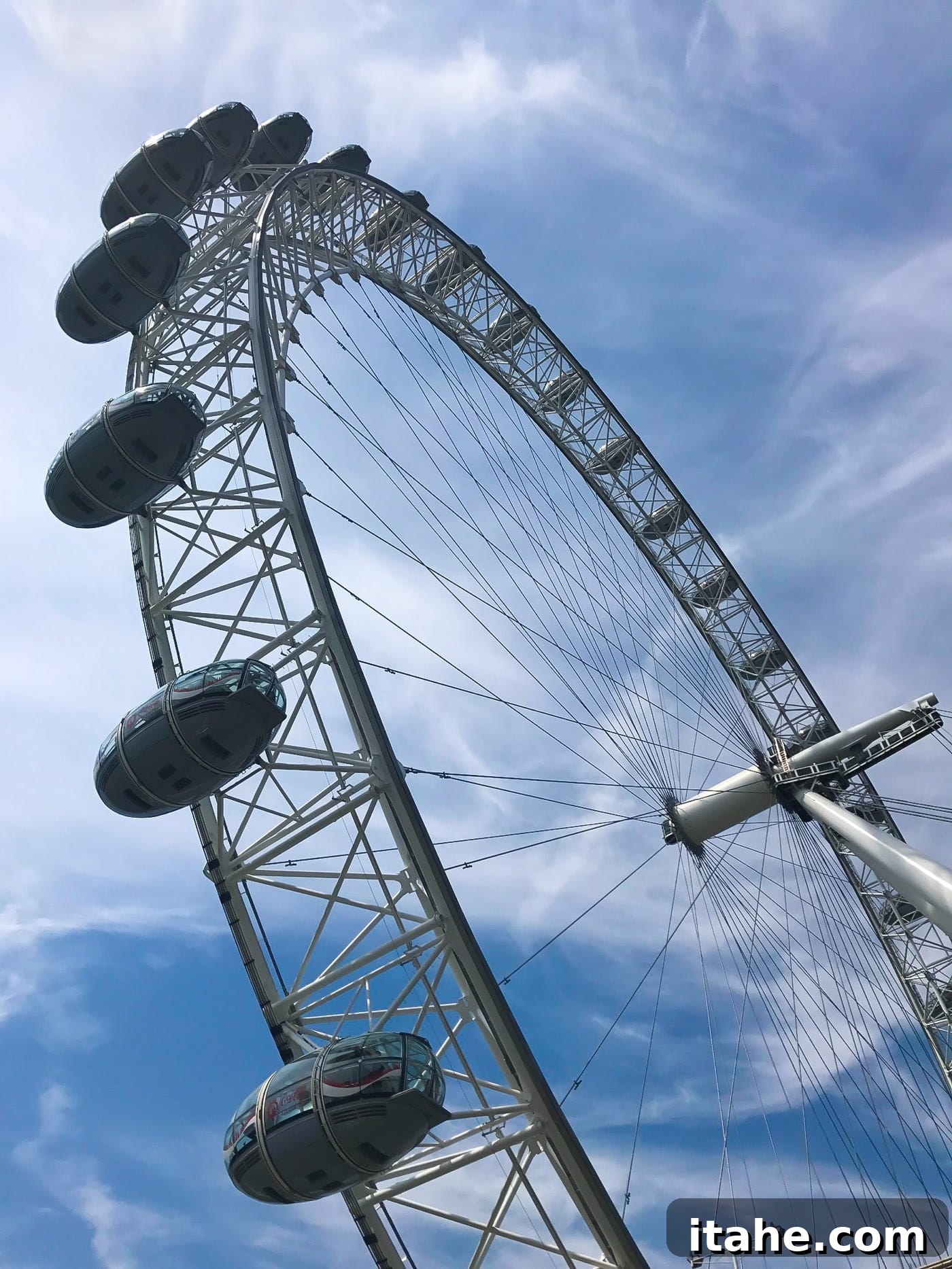 A closer view of the London Eye, showcasing its impressive engineering
