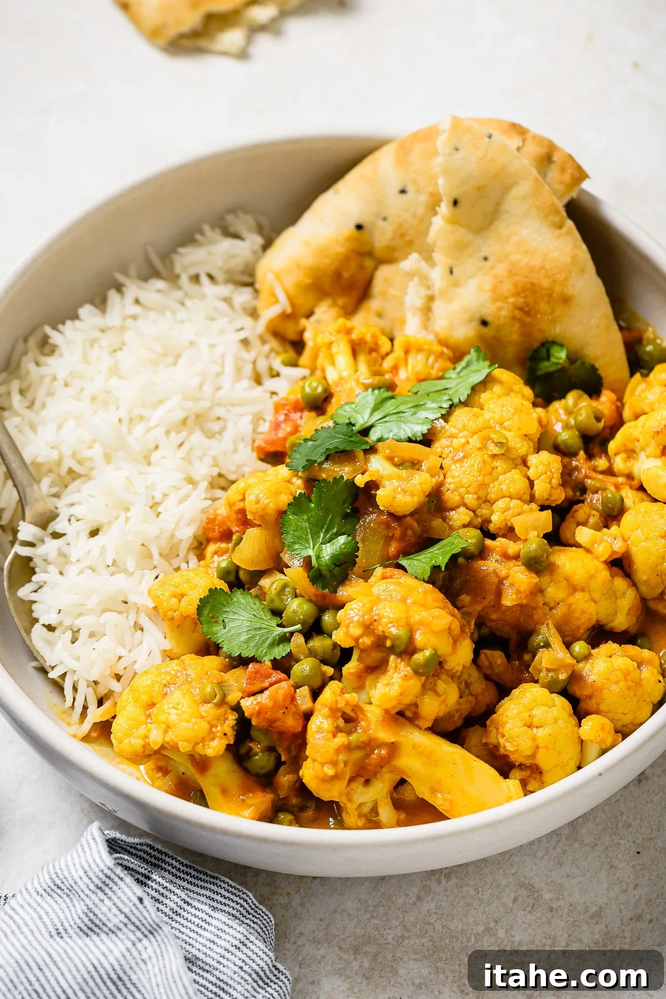 A closeup of coconut curry in a bowl with rice, naan, and fresh parsley.