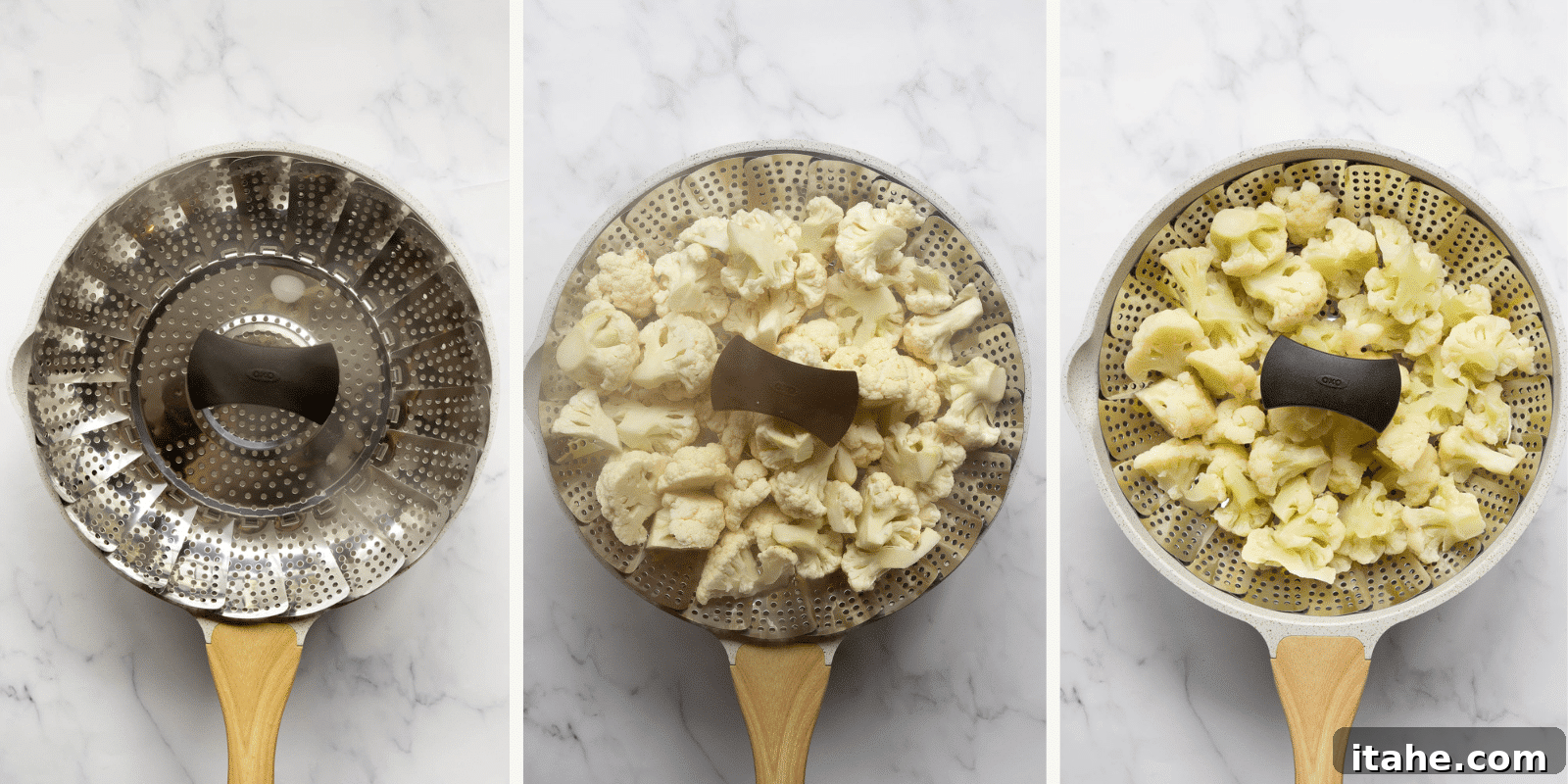 Freshly chopped cauliflower florets steaming in a pot with a steamer basket.