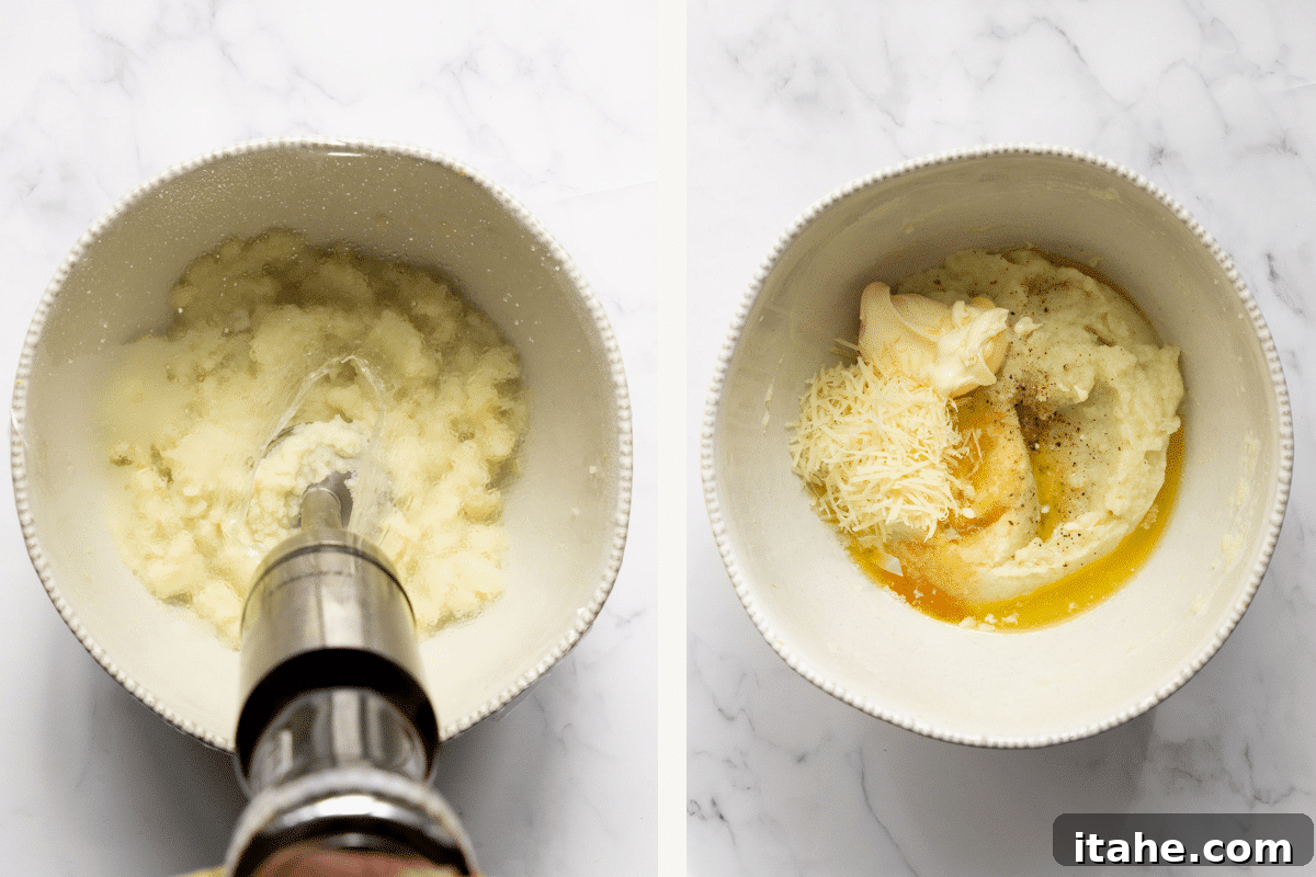 Left: Pureeing steamed cauliflower with an immersion blender. Right: Mashed cauliflower with butter, mayonnaise, and seasonings added, ready to be stirred.