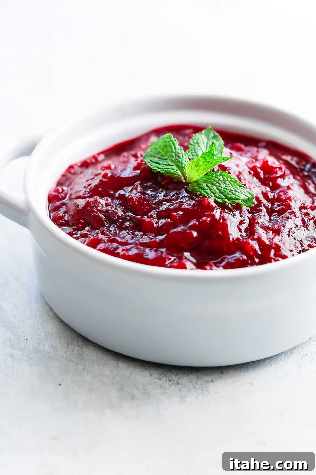 close-up view of cranberry sauce in a white bowl
