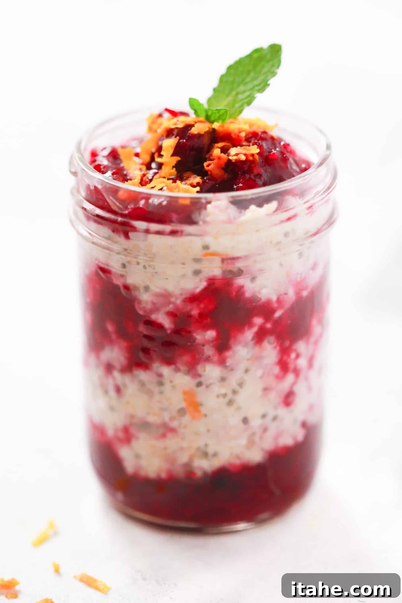 Easy Cranberry Oatmeal: A Delicious and Healthy Breakfast Start A beautifully presented bowl of creamy cranberry oatmeal, garnished with fresh mint leaves and whole cranberries, promising a delicious and healthy breakfast.