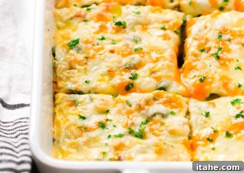 Overhead photo of a freshly baked veggie breakfast casserole, golden brown and bubbly.