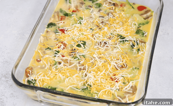 Close-up view of the uncooked veggie breakfast casserole in a baking dish, topped with cheese, before going into the oven.