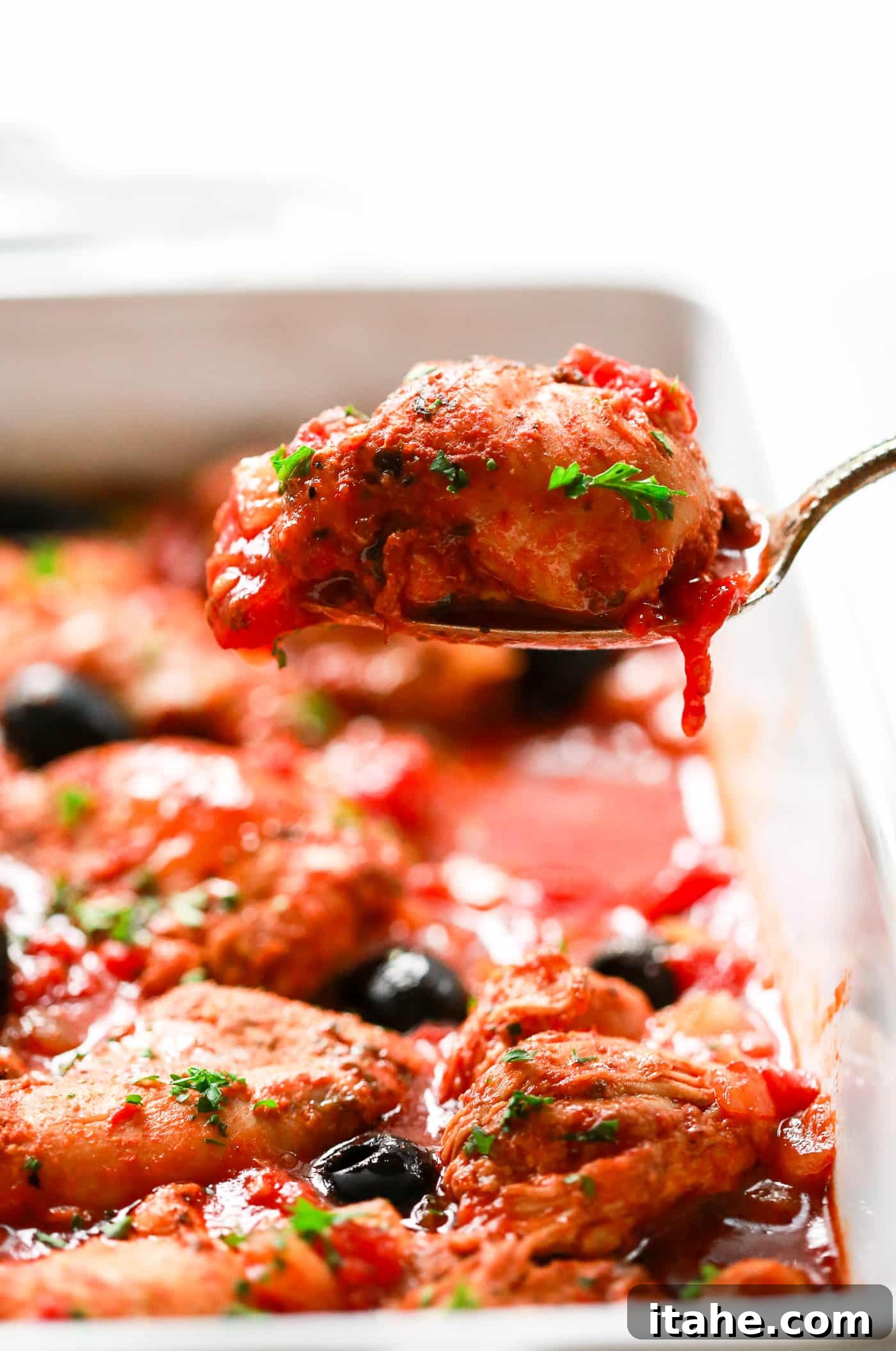 Quick Instant Pot Mediterranean Chicken 2 Instant Pot chicken recipe in a white serving dish.