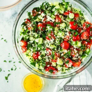 Close-up of Cauliflower Rice Tabbouleh Salad, showing its fresh and colorful ingredients.