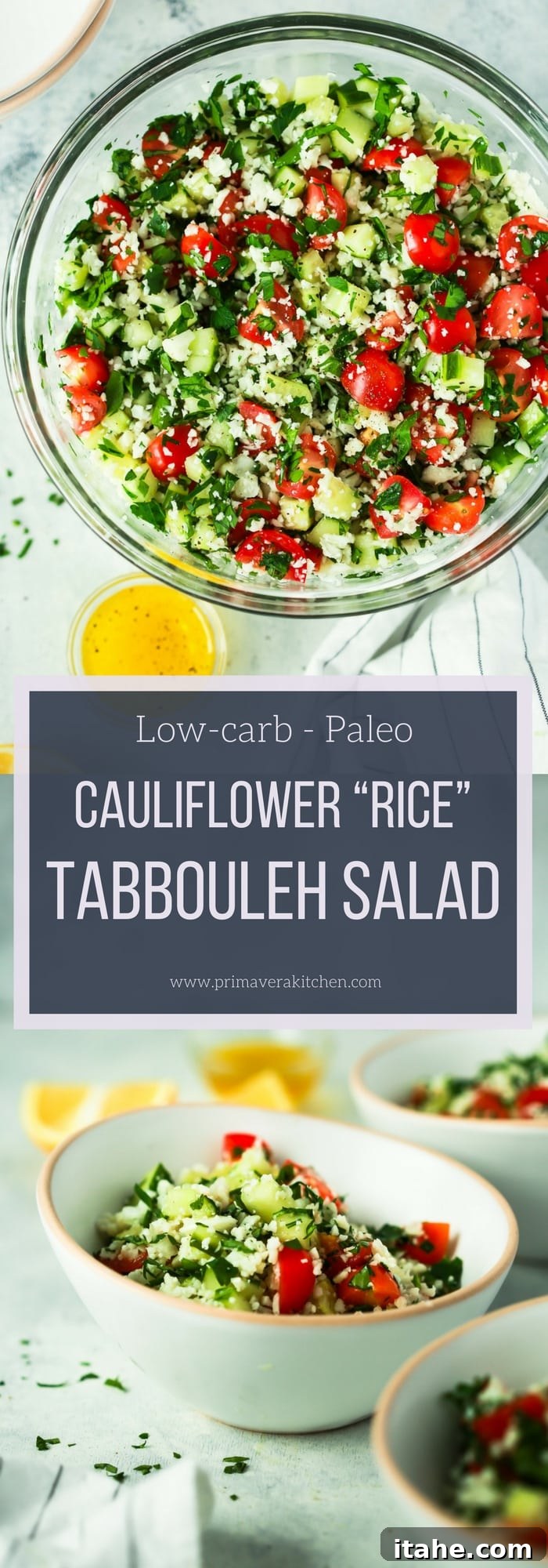 Cauliflower Rice Tabbouleh Salad ready to be enjoyed as a wholesome and light meal, featuring a bright, appetizing presentation.