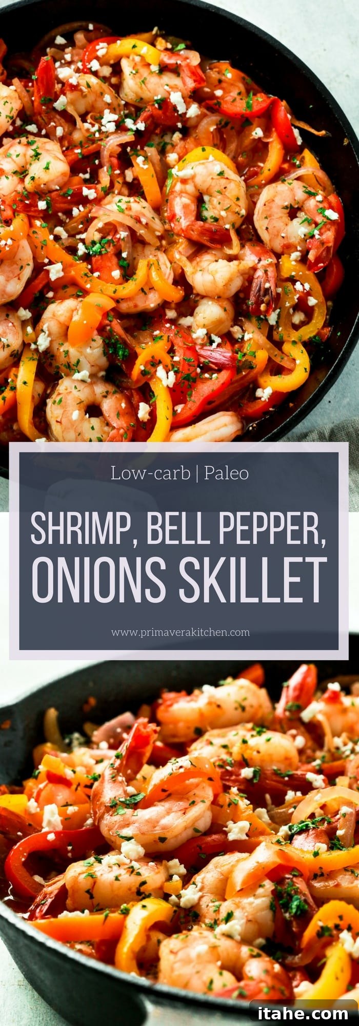 Shrimp, Bell Pepper and Onions Skillet top down view