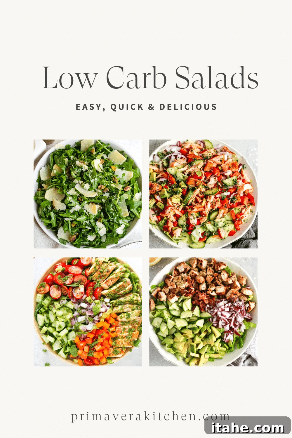 Fresh & Filling Low-Carb Lunches 2 A collage of various colorful low-carb and keto salad recipes, showcasing healthy and vibrant lunch options.