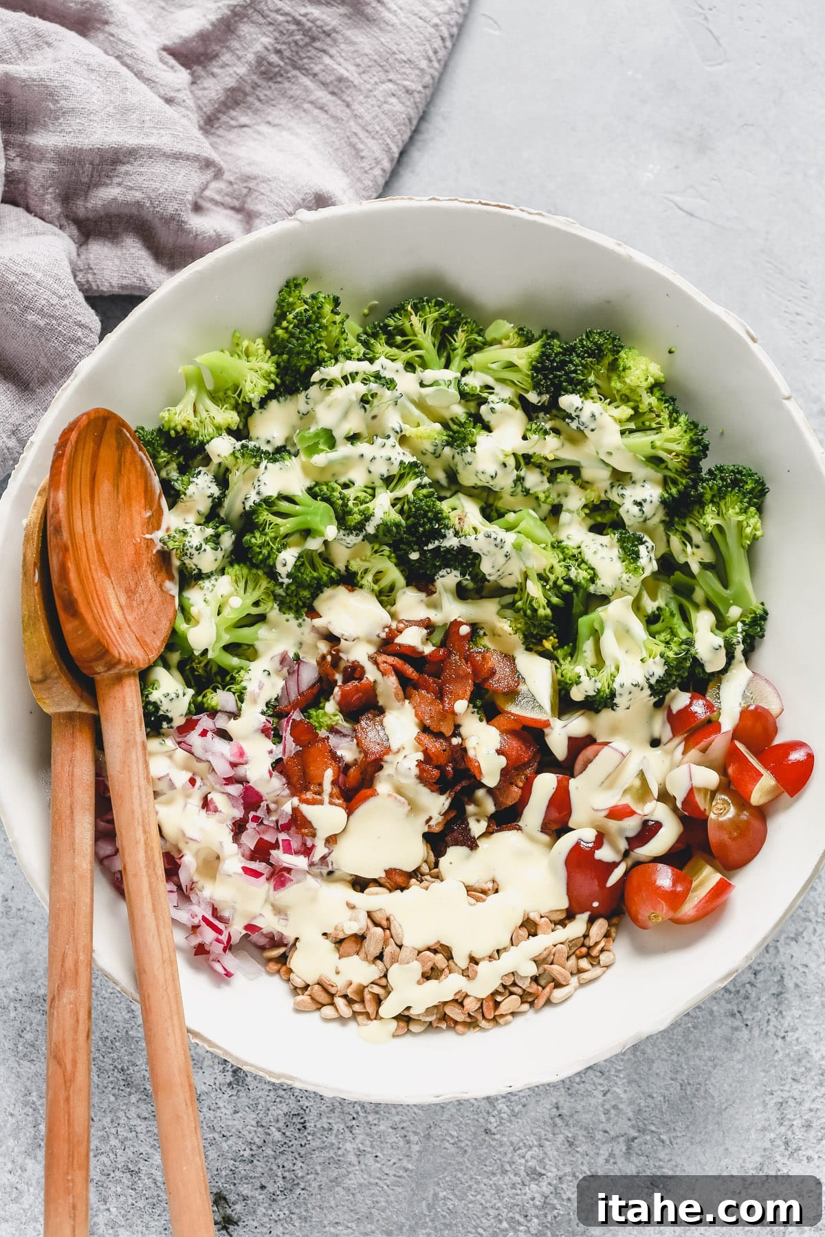 Fresh & Filling Low-Carb Lunches 19 A bowl of fresh Keto Broccoli Salad with a creamy dressing and savory additions, highlighting its rich texture.