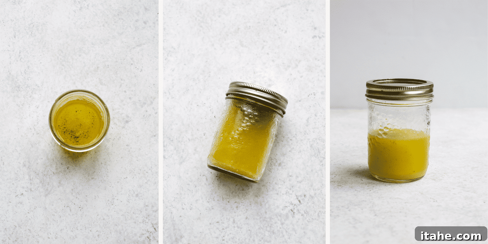 Flame-Kissed Chicken & Creamy Avocado Salad 4 Making a simple lemon and olive oil salad dressing in a small mason jar.