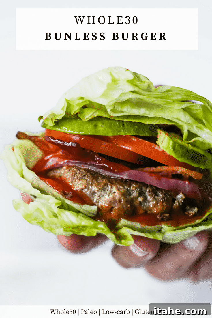 Delicious Bunless Burger Ideas 6 Easy Low-carb Bunless Burgers - Primavera Kitchen, showcasing the finished burger on a plate.