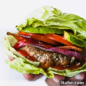 Delicious Bunless Burger Ideas 5 close up of Low-carb Bunless Burgers