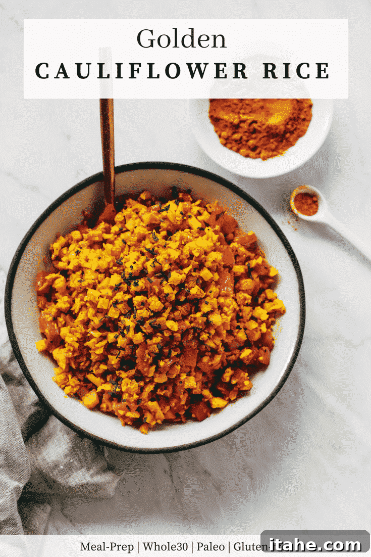 Golden Cauliflower Rice Recipe, ready to be served in a bowl.